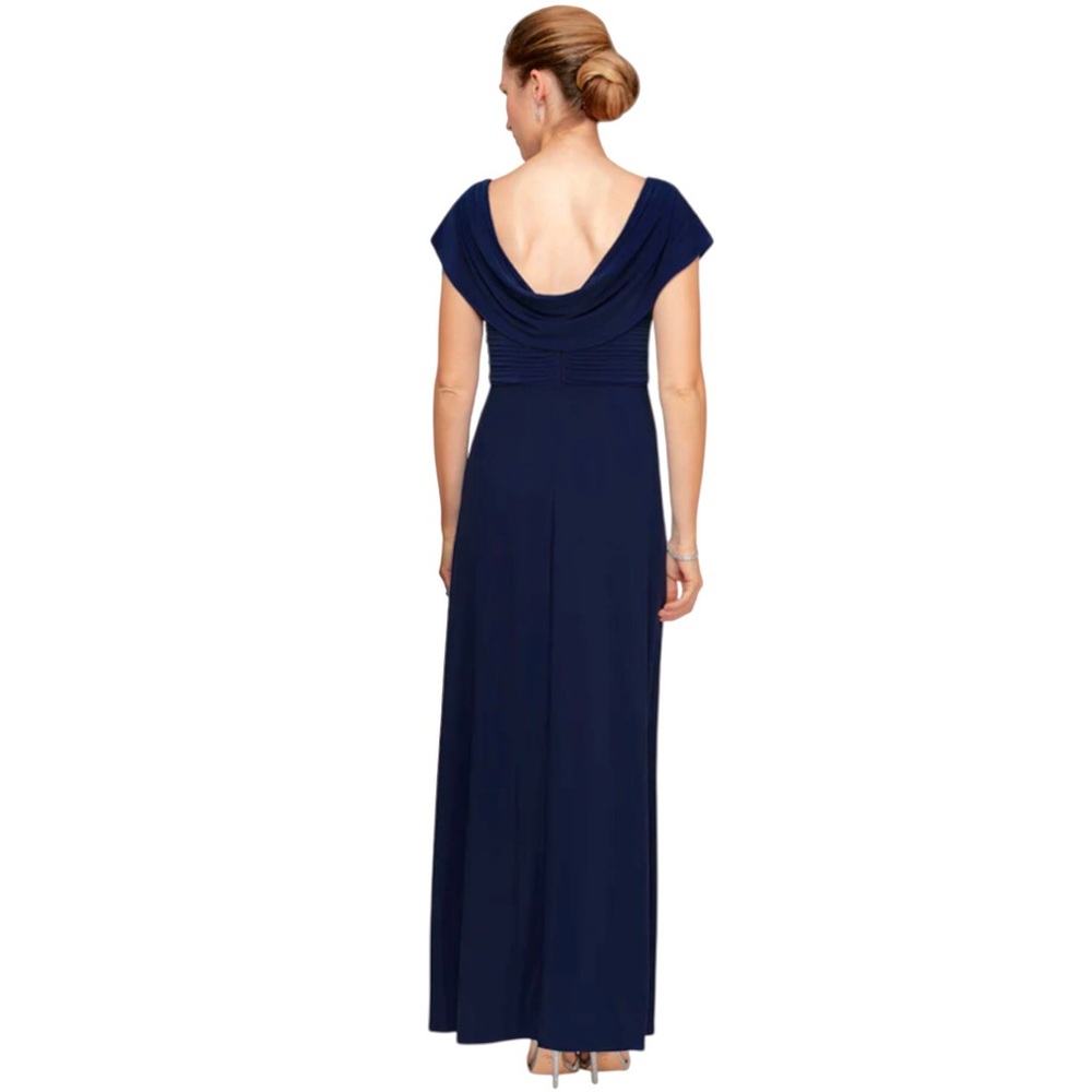Alex Evenings Celeste Cowl Neck Gown Jersey Knit Embellished Blue Size 14 Petite - Picture 3 of 8